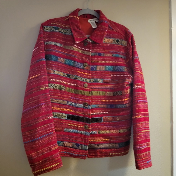 Coldwater Creek Art To Wear Red Lined Patchwork Tapestry Jacket XL - Picture 2 of 6